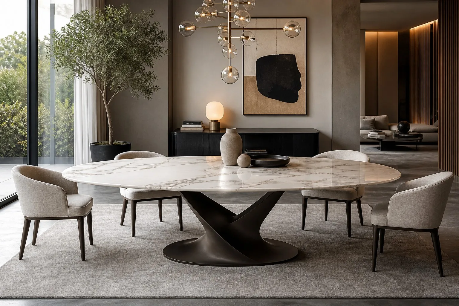 Ampio tavolo ovale in marmo bianco con base nera scultorea in un soggiorno moderno arredato con sedie imbottite, lampadario di design e tonalità neutre.