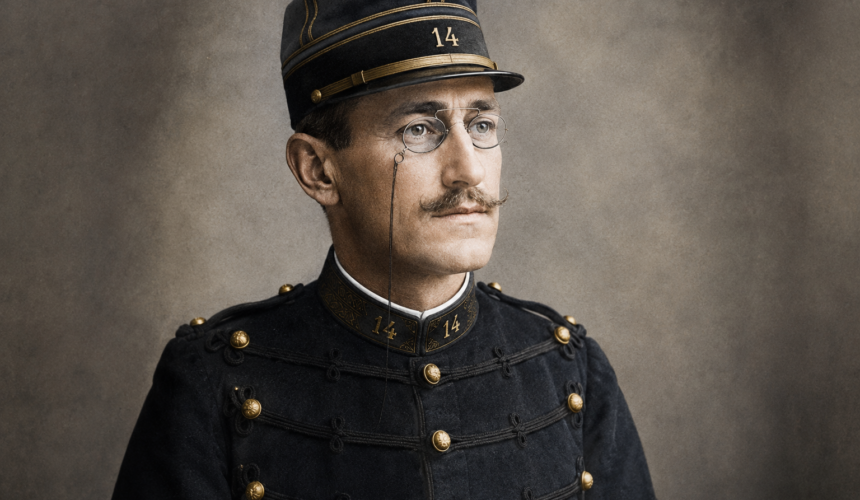 Ritratto di Alfred Dreyfus in uniforme militare francese con monocolo e cappello dell’esercito.