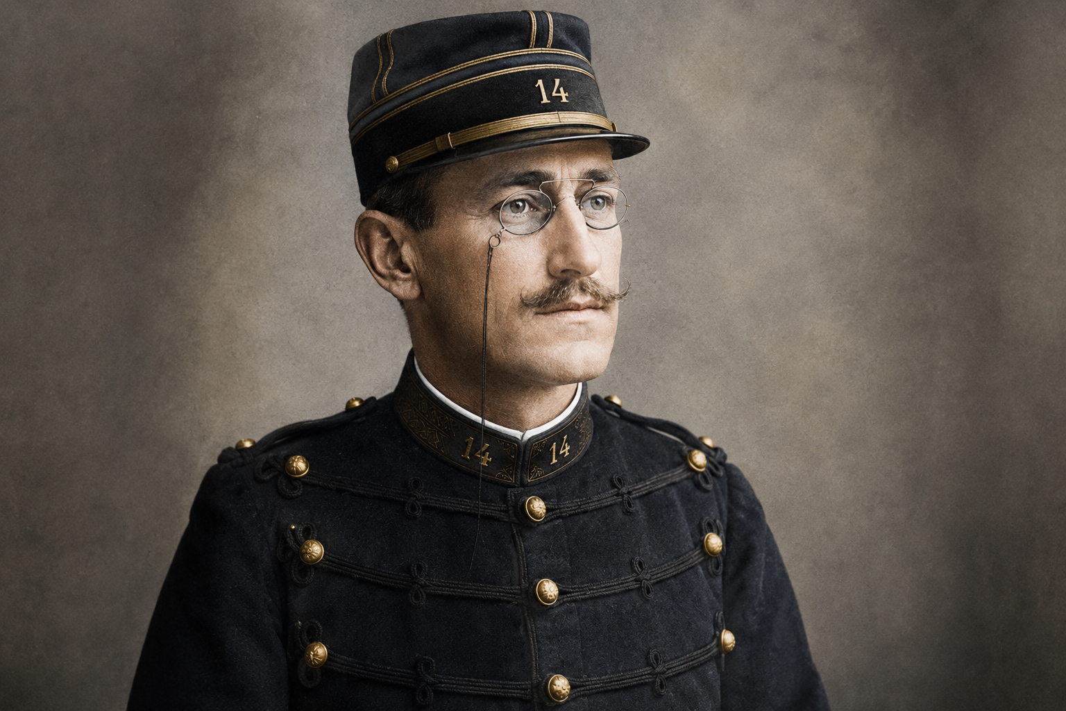 Ritratto di Alfred Dreyfus in uniforme militare francese con monocolo e cappello dell’esercito.