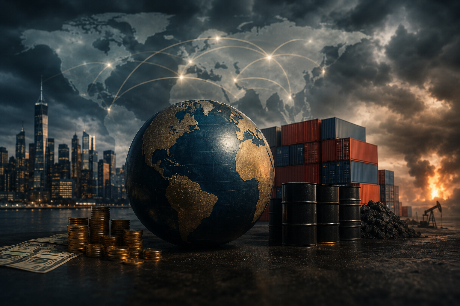 Globo terrestre circondato da container, barili di petrolio, monete e collegamenti mondiali sotto un cielo tempestoso che rappresenta il commercio globale e le tensioni economiche internazionali.
