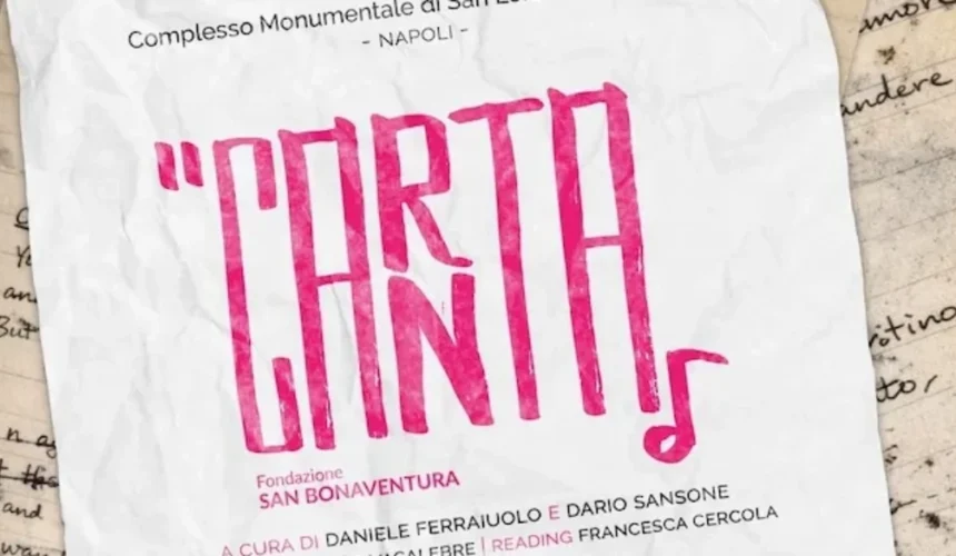 Manifesto artistico con la scritta “Canta” in grandi lettere rosa, realizzato per un evento culturale al Complesso Monumentale di San Lorenzo Maggiore di Napoli.