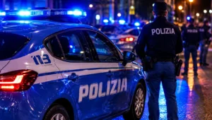 Agente della Polizia di Stato accanto a un'auto di servizio con lampeggianti blu accesi durante un intervento notturno in città. Sullo sfondo altre pattuglie e forze dell'ordine impegnate in un'operazione di controllo.