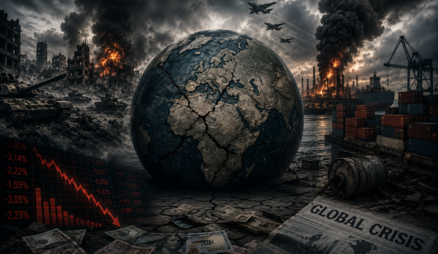 Illustrazione drammatica della crisi globale con un pianeta Terra danneggiato, proteste, fumo, mercati finanziari in calo e scenario urbano in tensione.