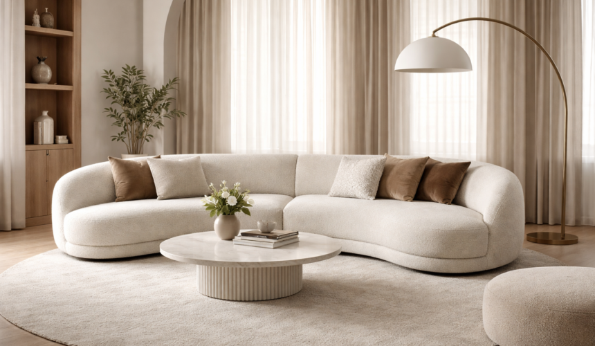 Soggiorno moderno con grande divano curvo color crema, tavolino rotondo centrale, lampada ad arco e arredi minimal dai toni beige e naturali.