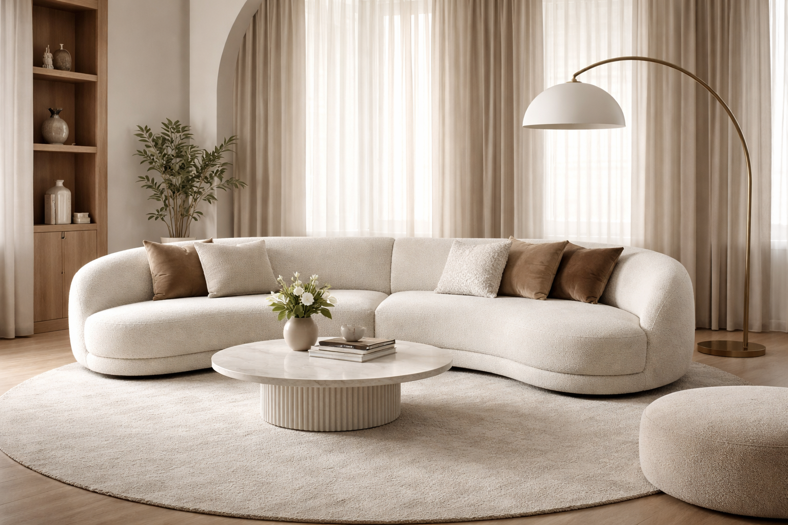 Soggiorno moderno con grande divano curvo color crema, tavolino rotondo centrale, lampada ad arco e arredi minimal dai toni beige e naturali.