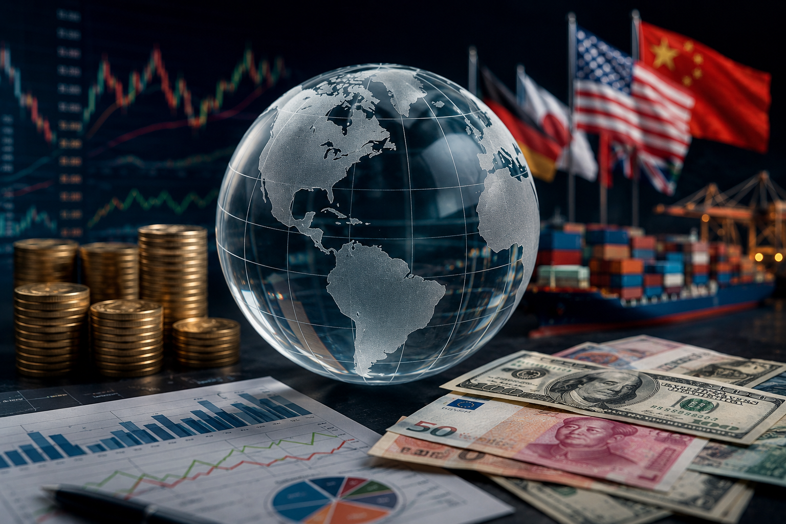 Globo terrestre trasparente circondato da monete, dollari, yuan, grafici finanziari, container e bandiere internazionali che rappresentano l’economia globale e i mercati mondiali.