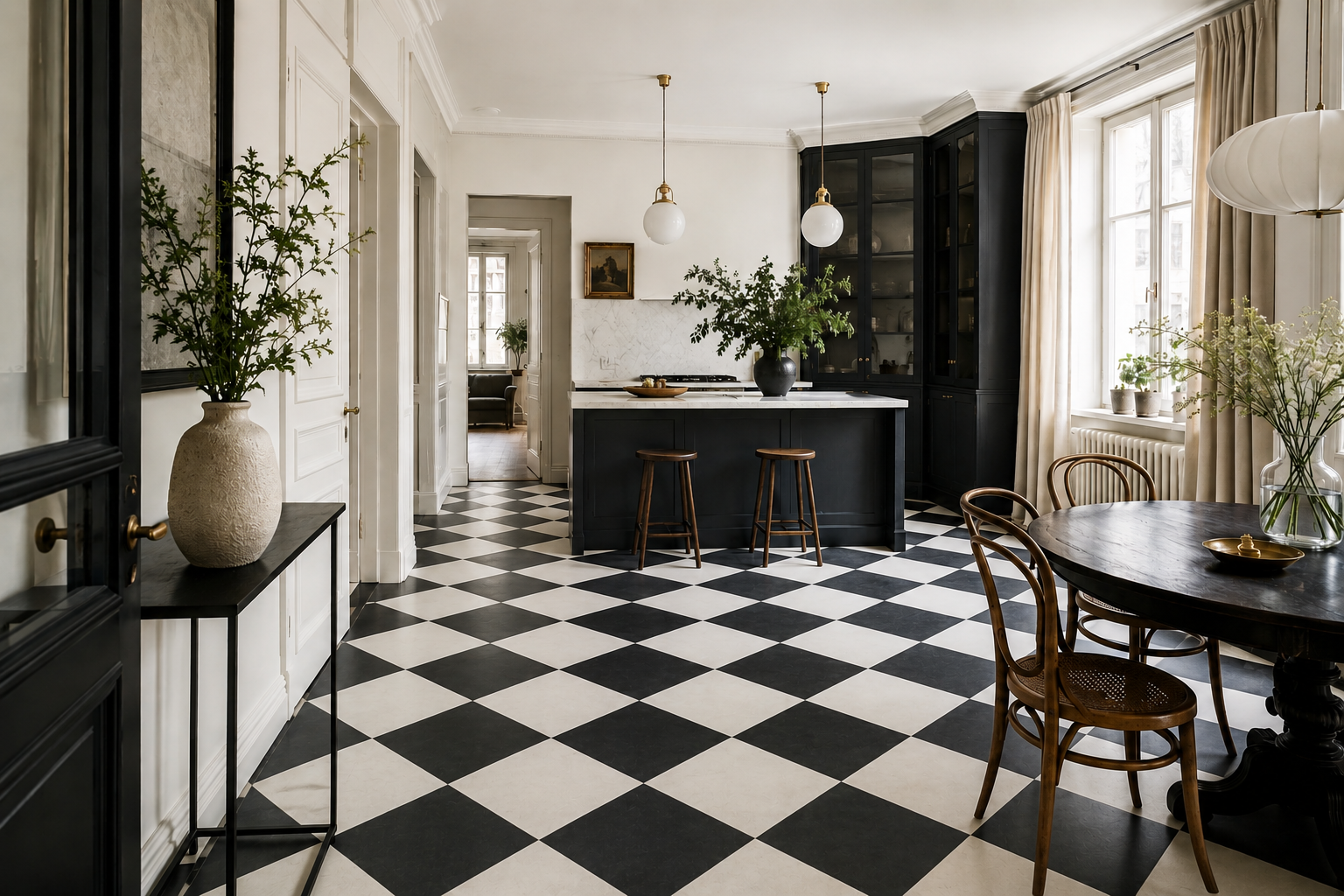 Interno elegante con cucina moderna e pavimento a scacchi bianco e nero, arredamento minimal e dettagli in legno naturale.
