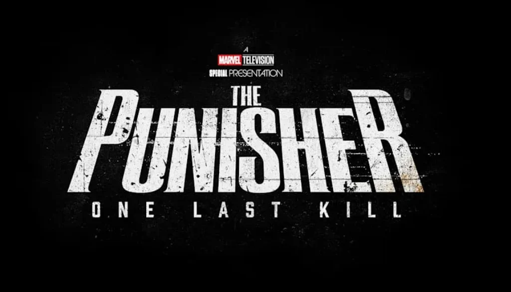 Logo della serie The Punisher con scritta bianca su sfondo nero e slogan “One Last Kill”.
