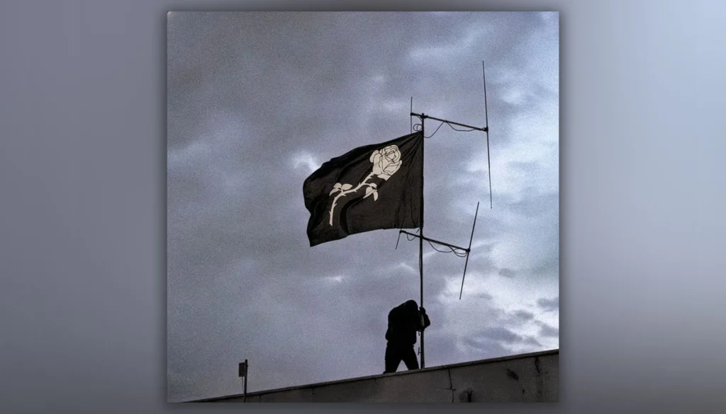 Bandiera nera con una rosa bianca simbolo del progetto musicale Liberato che sventola sotto un cielo nuvoloso.
