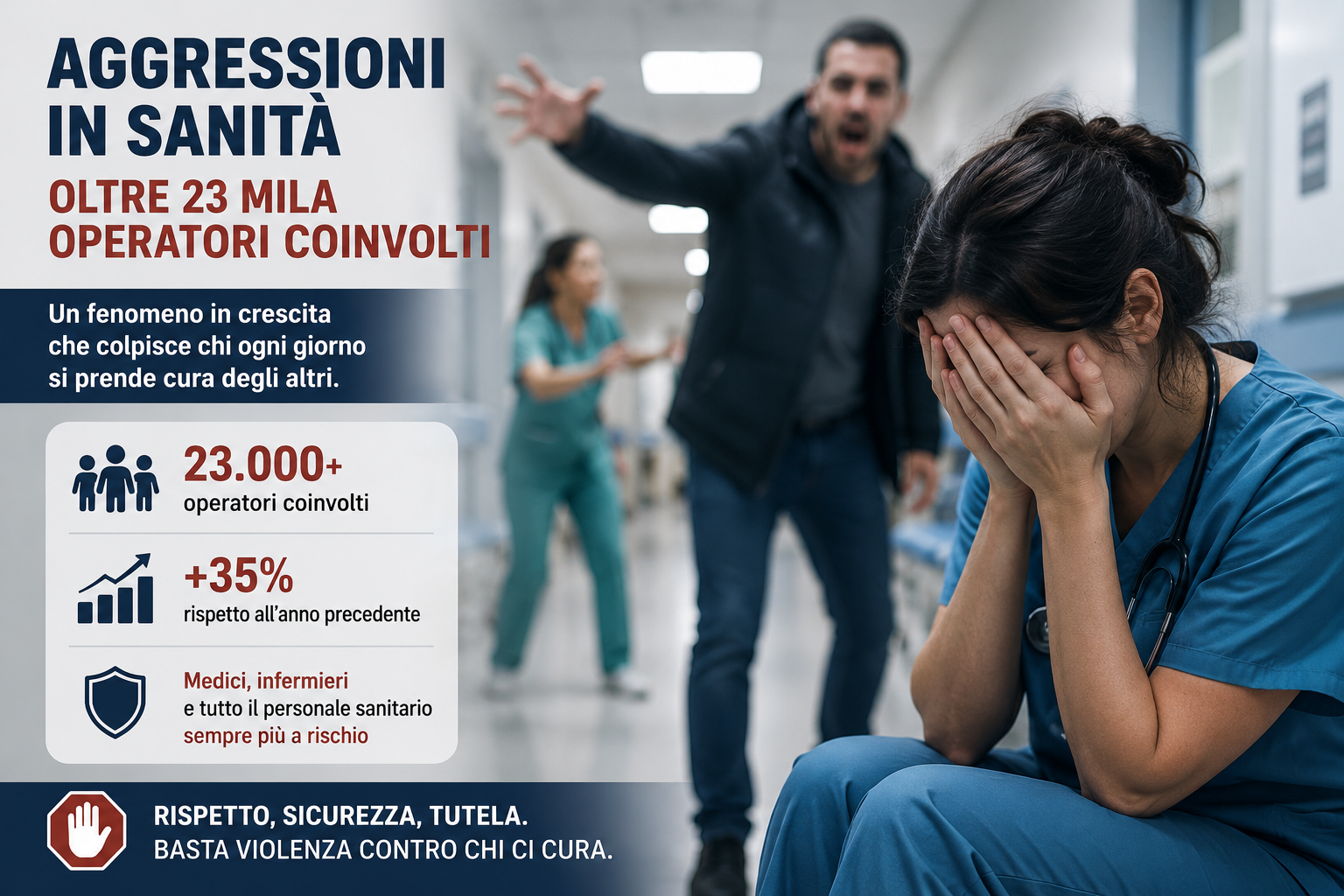 Operatrice sanitaria seduta in ospedale con il volto coperto dalle mani mentre sullo sfondo un uomo urla in modo aggressivo nel corridoio.