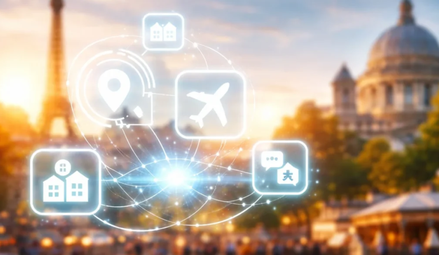 Icone digitali legate a viaggi e turismo sovrapposte a una città europea al tramonto con monumenti storici sullo sfondo.