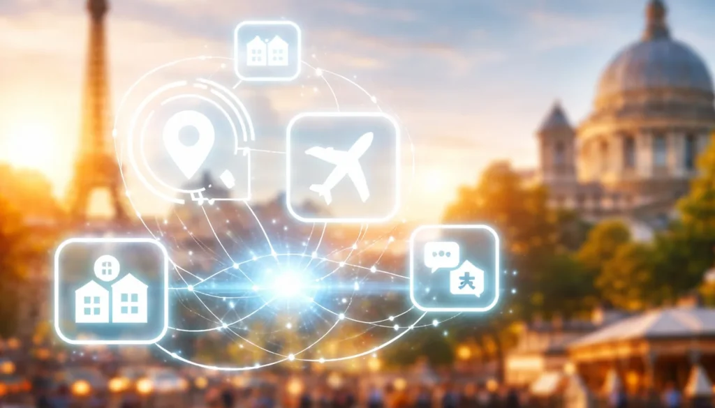 Icone digitali legate a viaggi e turismo sovrapposte a una città europea al tramonto con monumenti storici sullo sfondo.