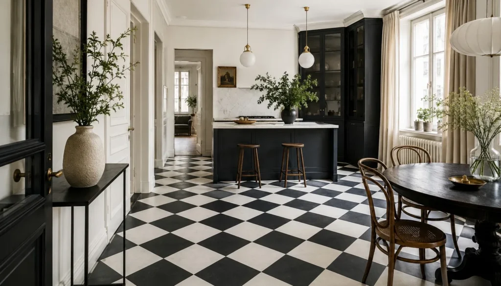 Interno di un appartamento elegante con pavimento a scacchi bianco e nero, cucina moderna scura e arredi in stile classico contemporaneo.