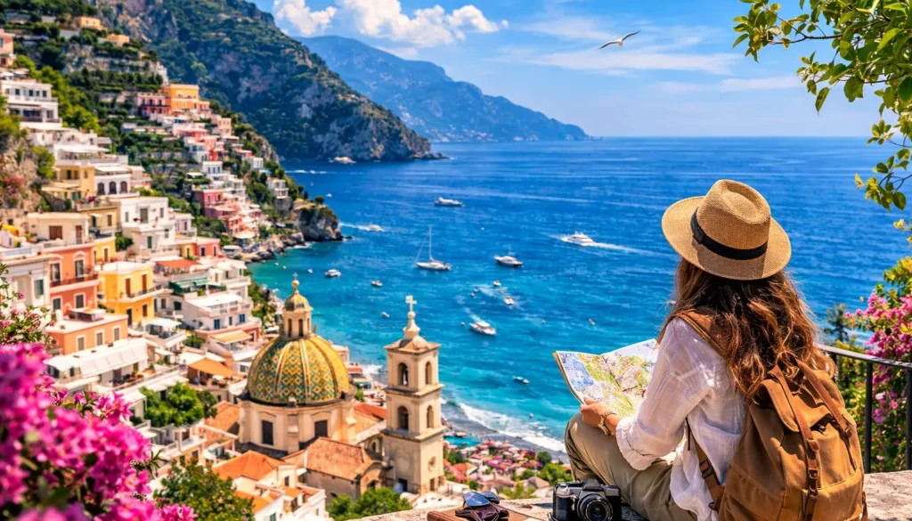 Turista con cappello e zaino osserva la Costiera Amalfitana dall’alto con vista sul mare cristallino e sulle case colorate.