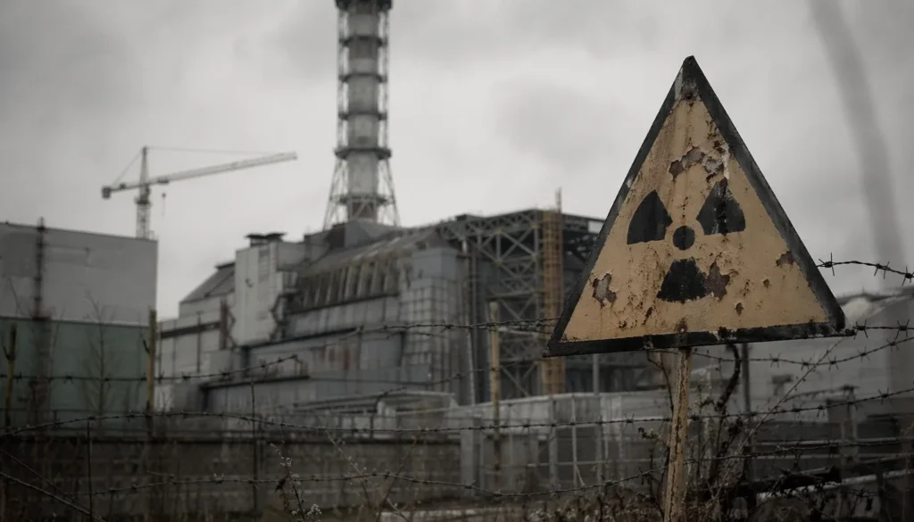 Cartello di pericolo radioattivo arrugginito davanti a una centrale nucleare circondata da recinzioni e filo spinato sotto un cielo grigio.