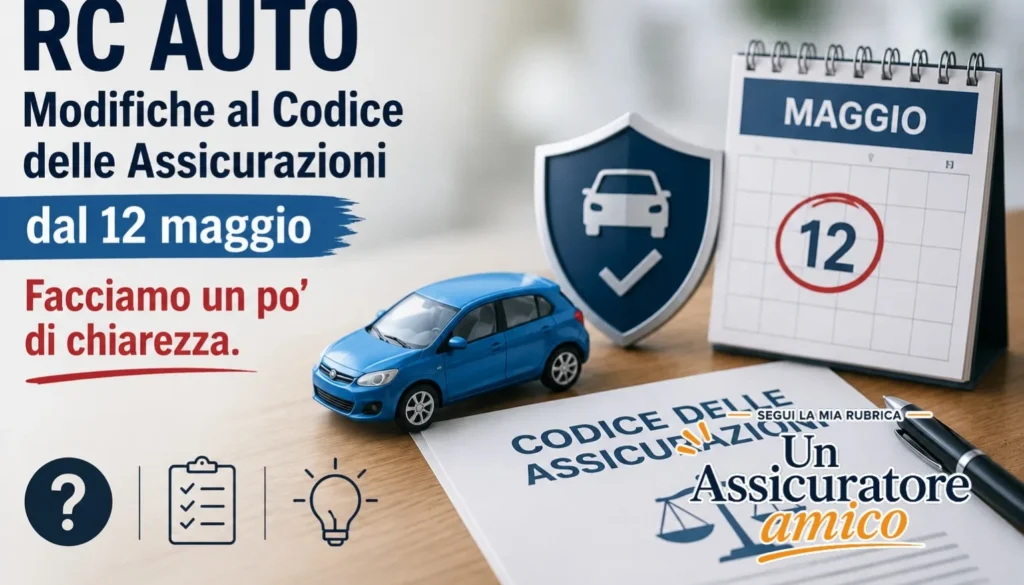 Grafica sulla RC Auto con automobile blu, scudo assicurativo, calendario segnato sul 12 maggio e documento del Codice delle Assicurazioni.