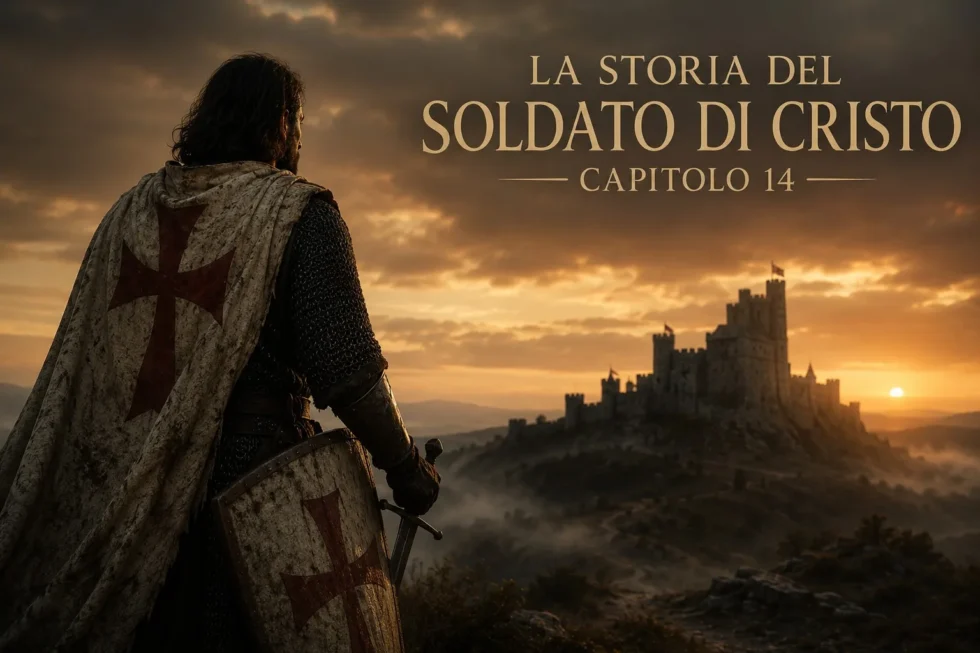 Cavaliere medievale con mantello bianco contrassegnato da una croce rossa osserva un castello all'orizzonte al tramonto, simbolo del cammino del Soldato di Cristo.