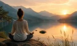 Persona seduta in meditazione sulle rive di un lago al tramonto, immersa in un paesaggio montano silenzioso che richiama pace interiore e atarassia.