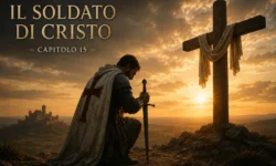 Un cavaliere cristiano medievale inginocchiato in preghiera davanti a una croce di legno al tramonto, con una spada conficcata nel terreno e un castello sullo sfondo.