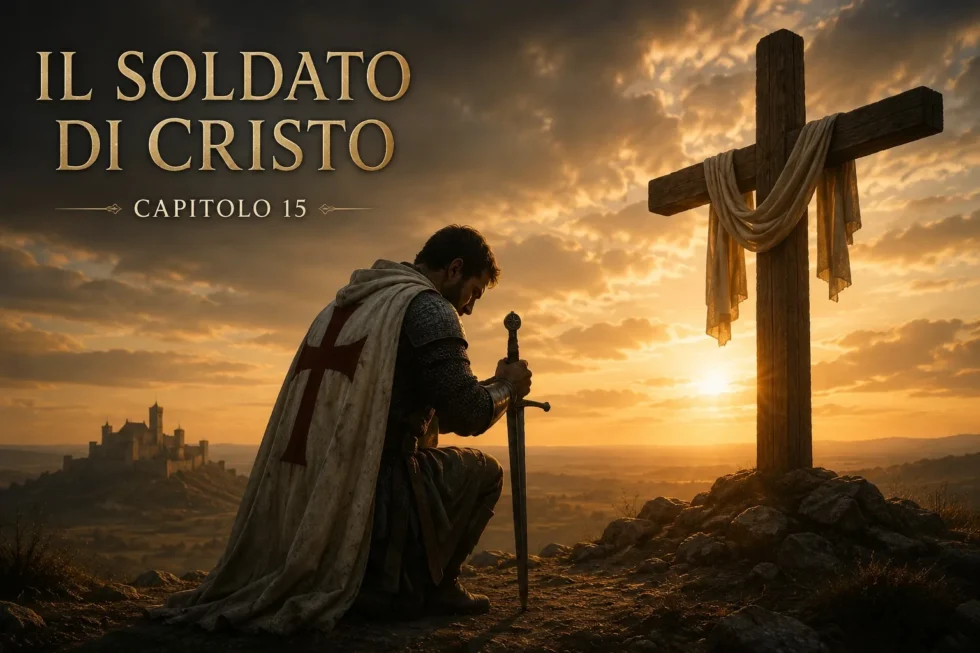 Un cavaliere cristiano medievale inginocchiato in preghiera davanti a una croce di legno al tramonto, con una spada conficcata nel terreno e un castello sullo sfondo.
