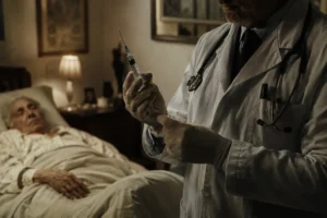 Medico durante una visita domiciliare mentre prepara una siringa accanto al letto di un paziente anziano, in un'immagine illustrativa che rappresenta un presunto caso di omicidi con iniezioni letali.