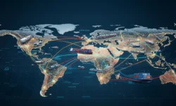 Mappa mondiale con rotte commerciali internazionali via mare, terra e aria che rappresentano il commercio globale e la logistica.