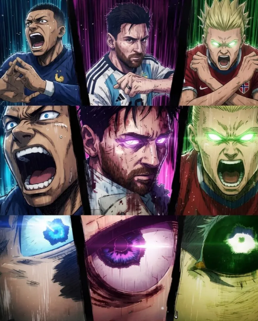 Mbappé messi e haaland raffigurati come in jujutsu kaisen