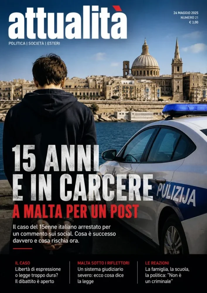 Un ragazzo di spalle con le mani ammanettate osserva il lungomare di Malta, mentre in primo piano è presente un'auto della polizia maltese. L'immagine rappresenta il caso del 15enne italiano arrestato sull'isola.