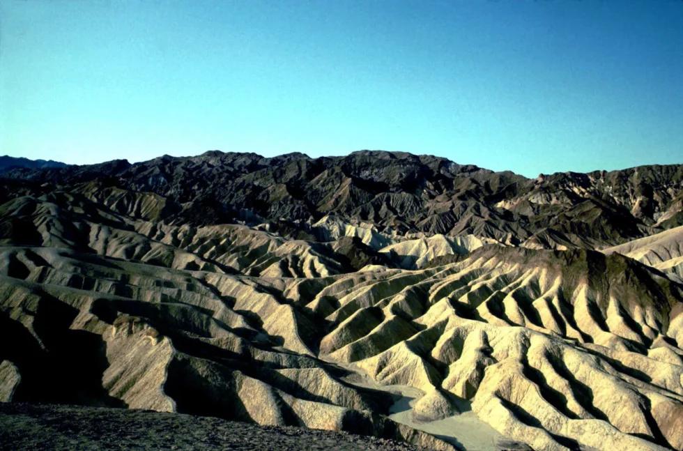 Death valley, ,zabriskie point,badlands panview at rise
